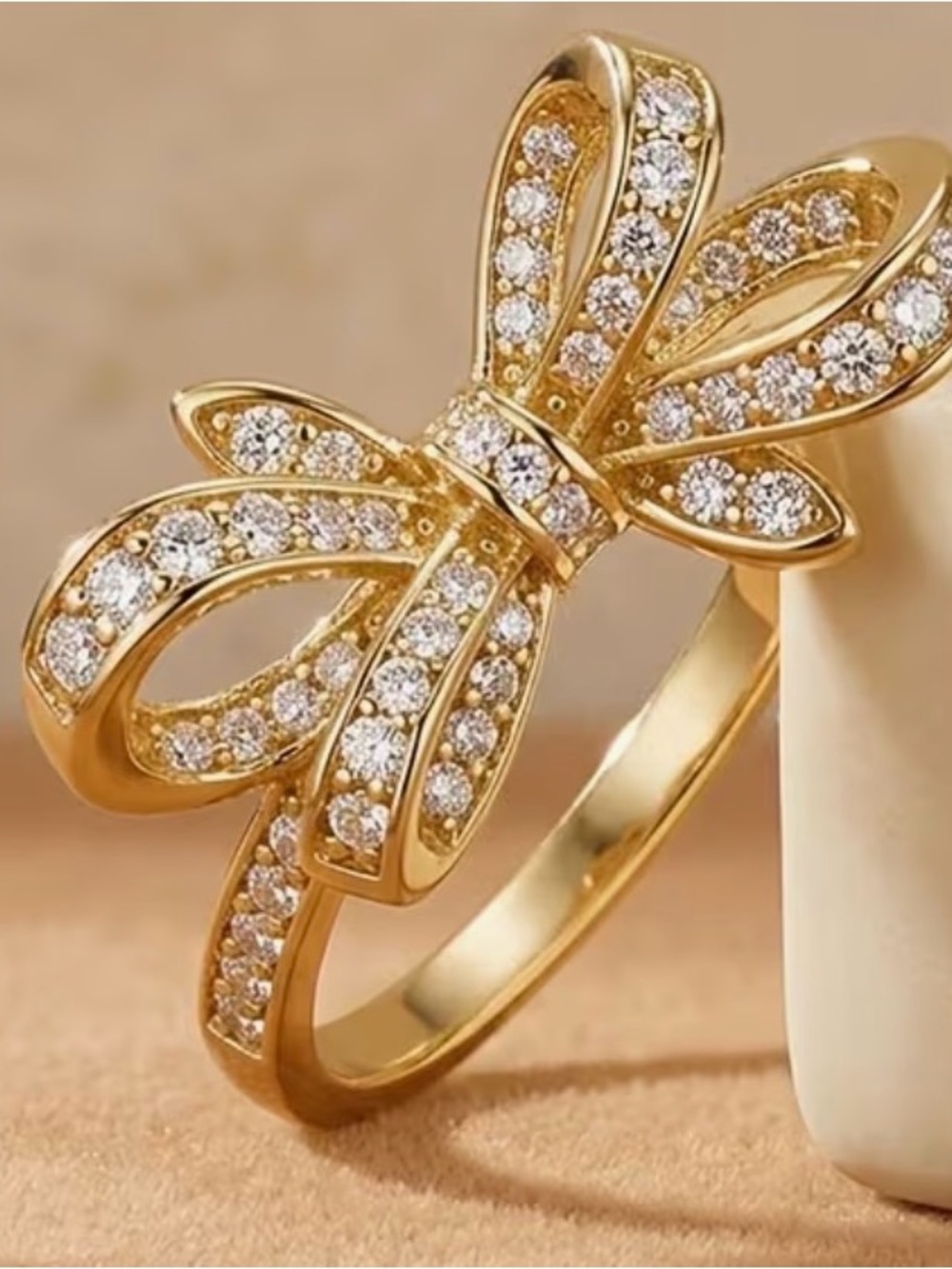 Gold Colored Bow Crystal Ring - Women's Fashion Jewelry